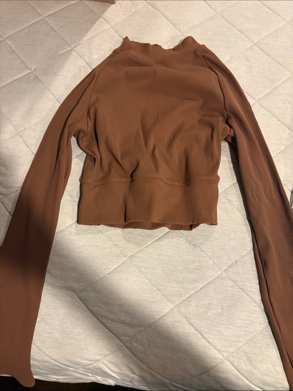 Brown Ribbed Long Sleeve Crop Top